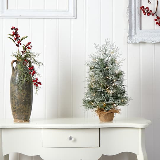 2ft. Pre-Lit Winter Frosted Artificial Christmas Tree in Burlap Base, Warm White LED Lights